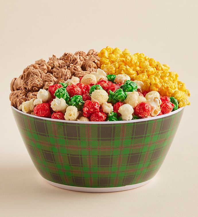 Green Plaid Reusable Popcorn Bowl With Popcorn